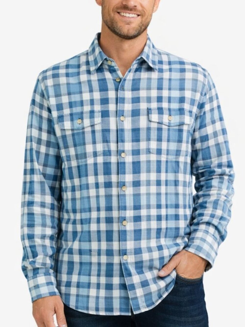 Johnny-O Mens XL Blue Plaid Button Front Flannel Shirt Cotton Linen Blend